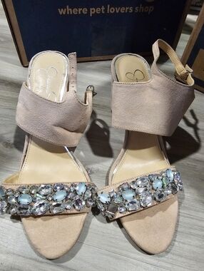 Women's Embellished Nude Suede Block Heel Sandals